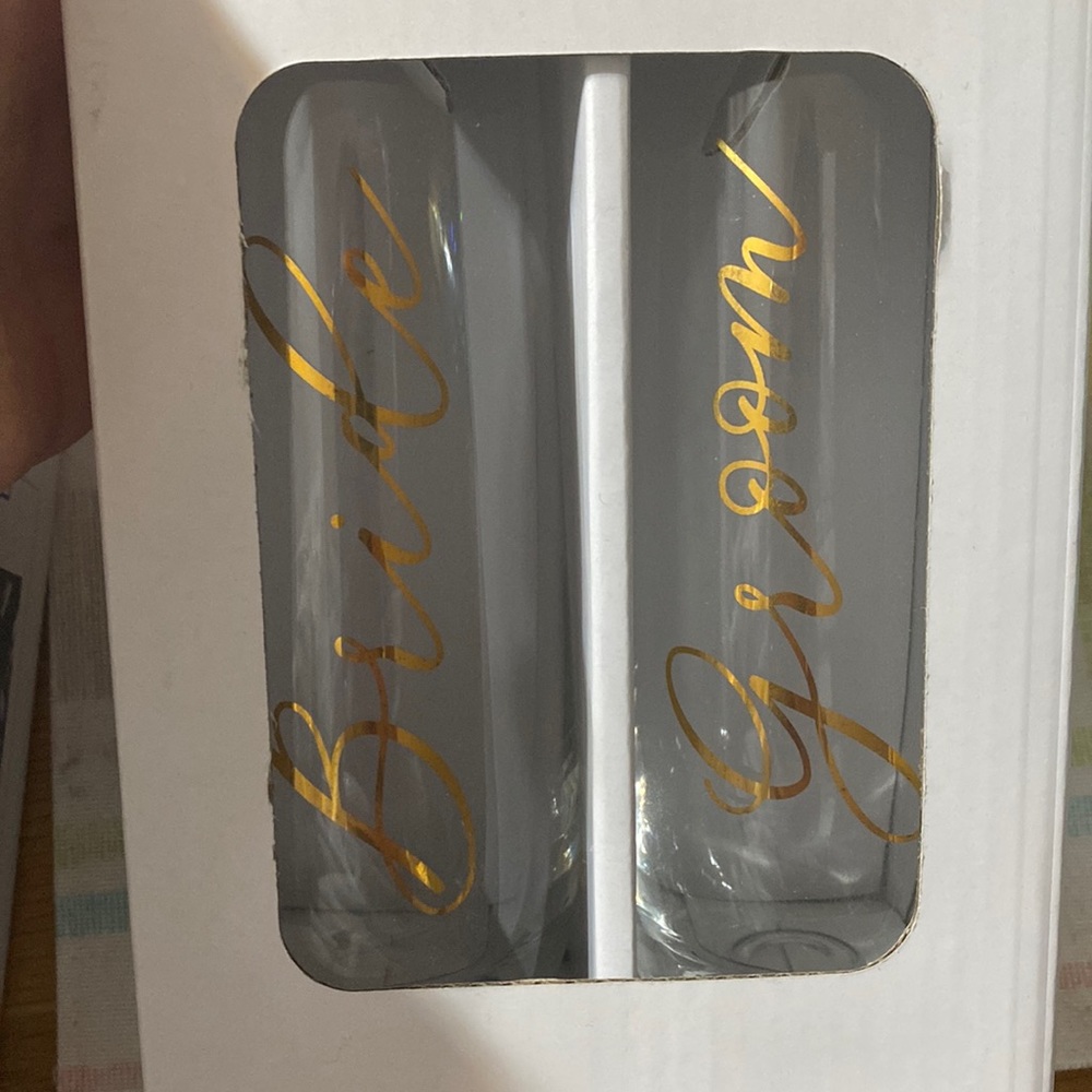 Bride & groom stemless champagne glasses (brand new in box)